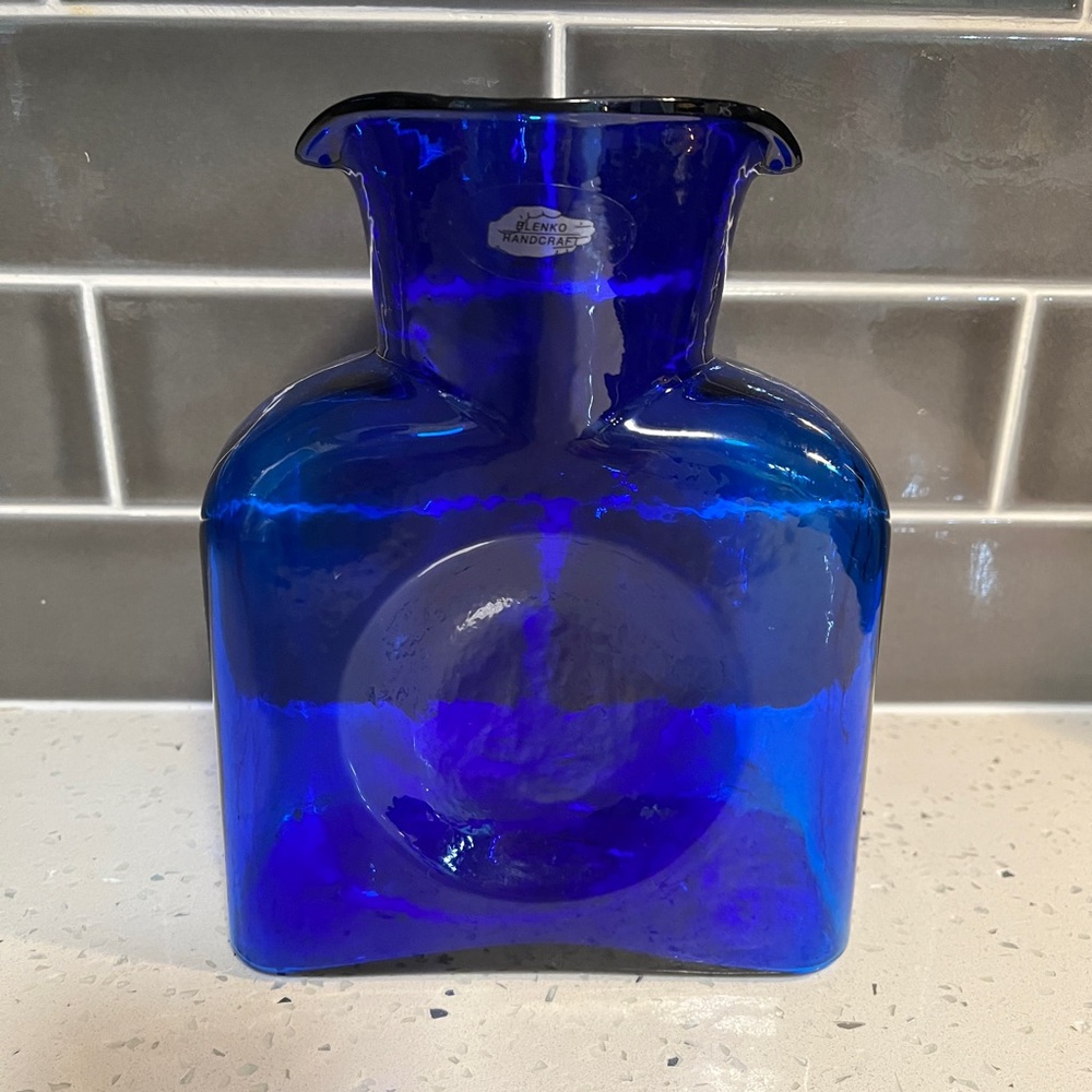 Blenko Cobalt Blue Glass Water Pitcher Carafe Vase Double Spout 8" w/ Sticker!